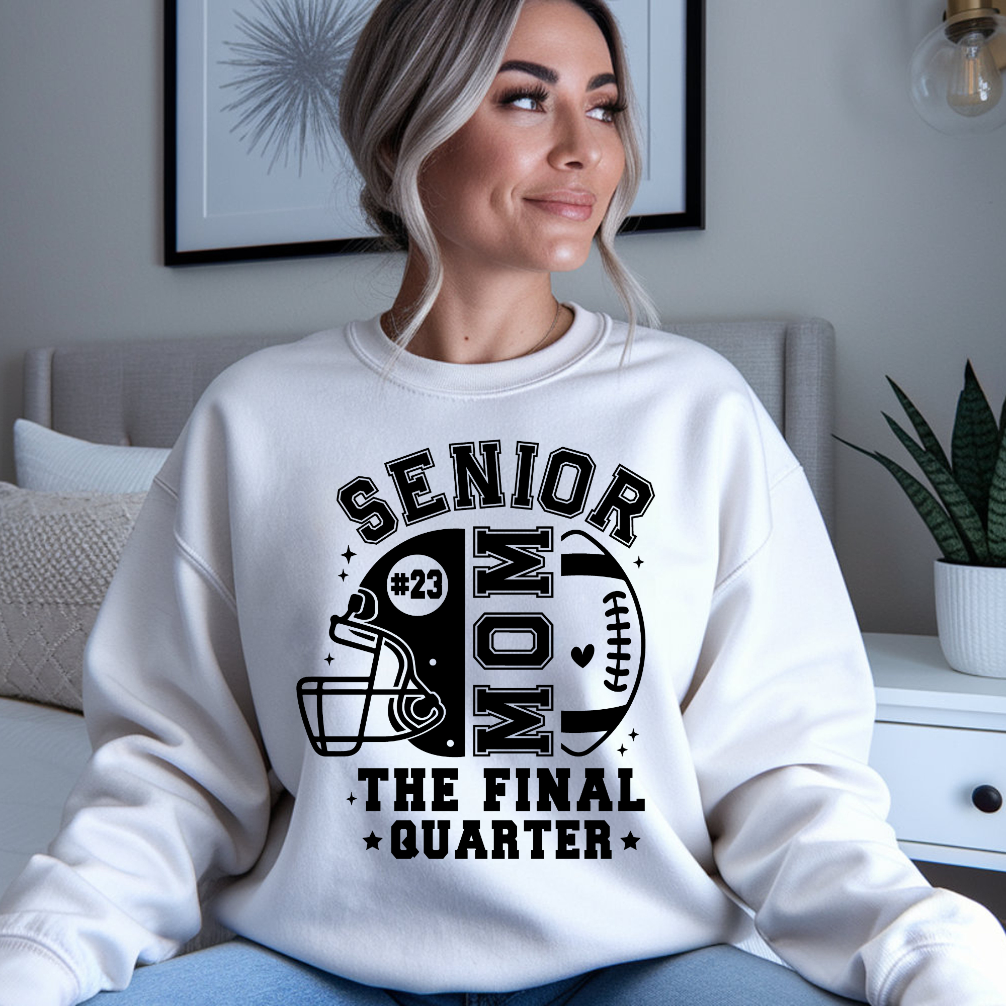 Senior Mom Football Sweatshirt – The Final Quarter (Black & White Design, Custom Jersey Number)